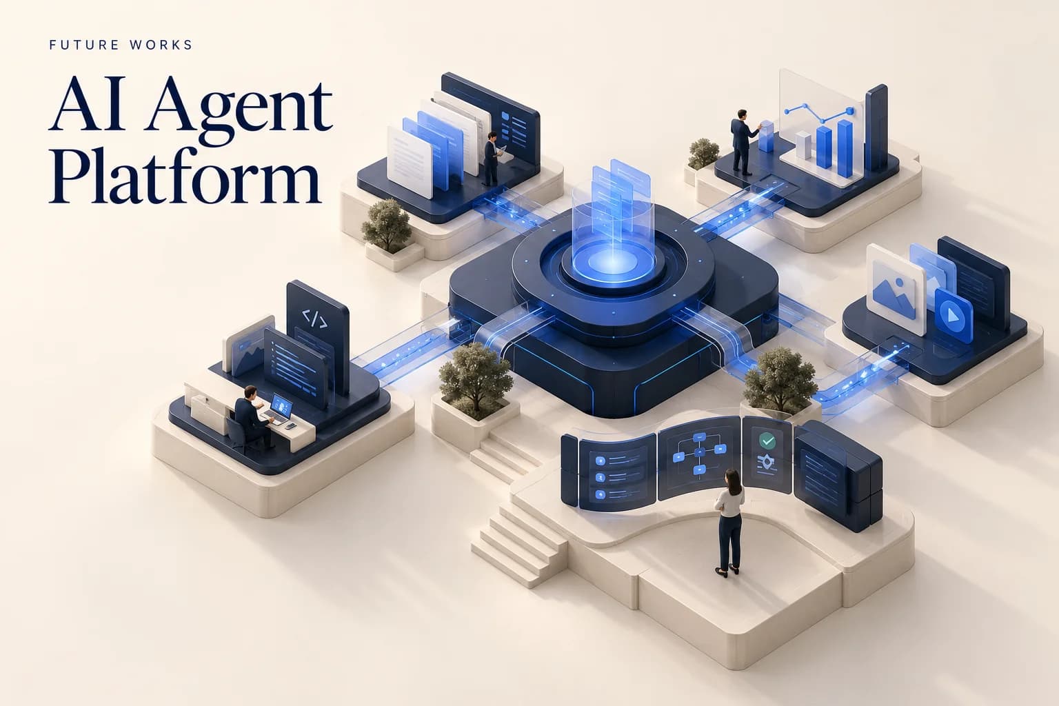 Concept illustration of a central AI agent connected to tools and workspaces