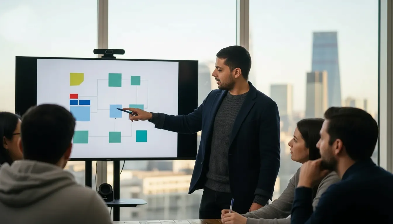 Mayur Kale reviewing a system architecture diagram with the team