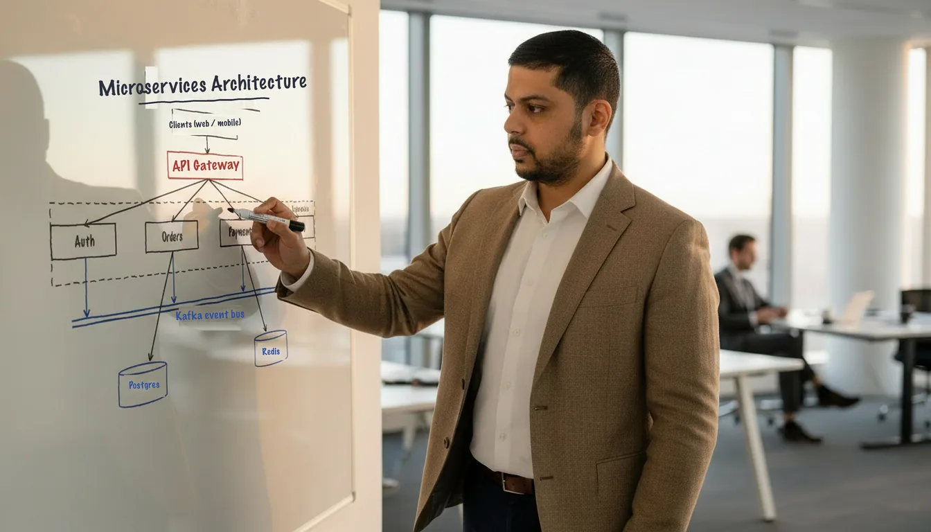 Mayur Kale sketching a microservices architecture on a whiteboard