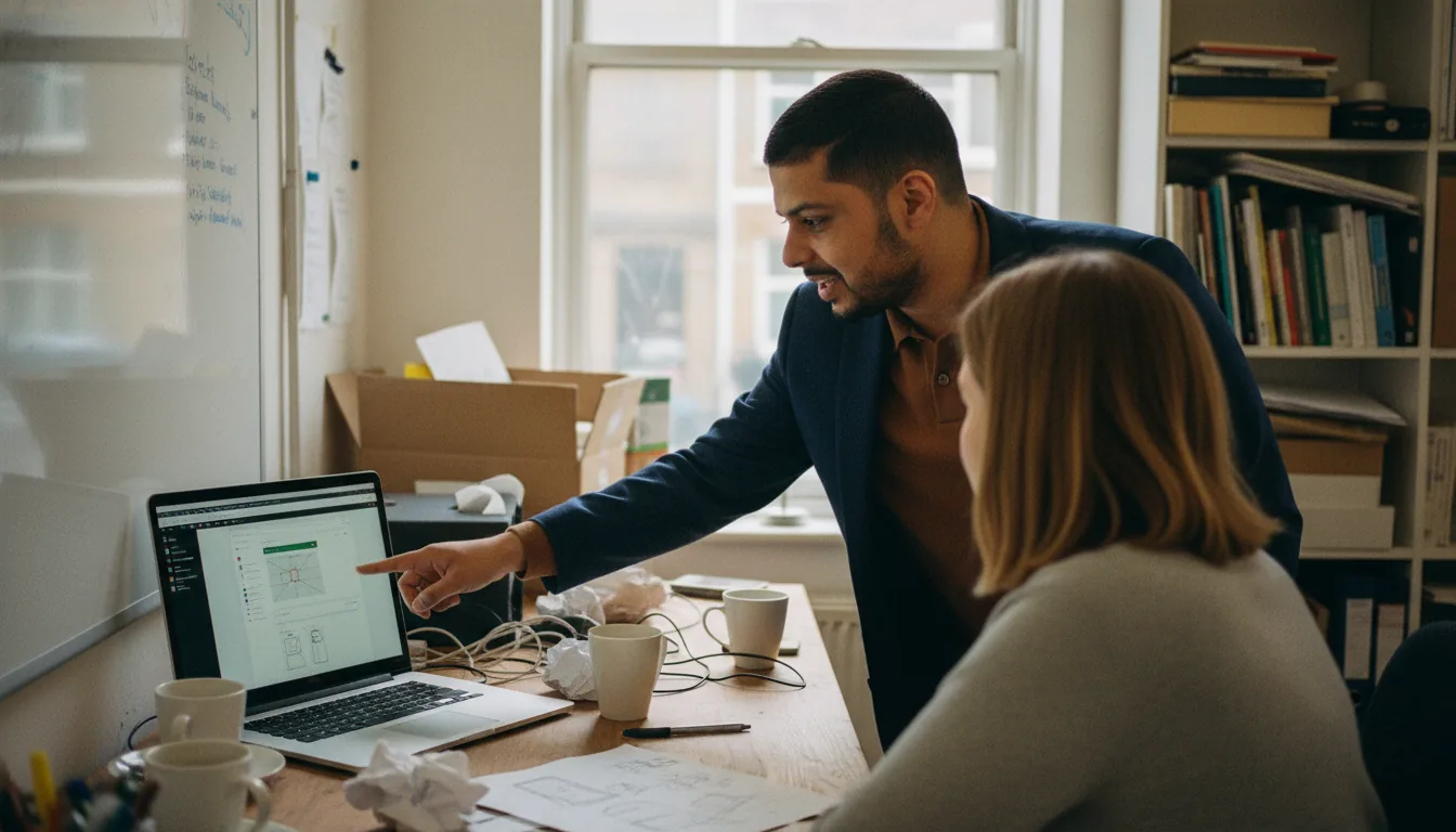 Mayur Kale working through a web platform with a founder at a startup desk