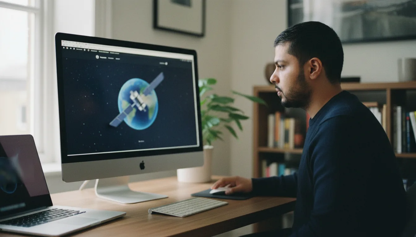 Mayur Kale reviewing a satellite company's corporate website on a large monitor