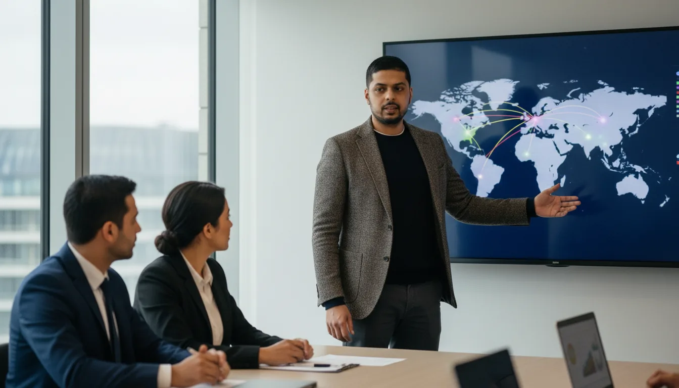 Mayur Kale presenting a supply-chain allocation map to an operations team