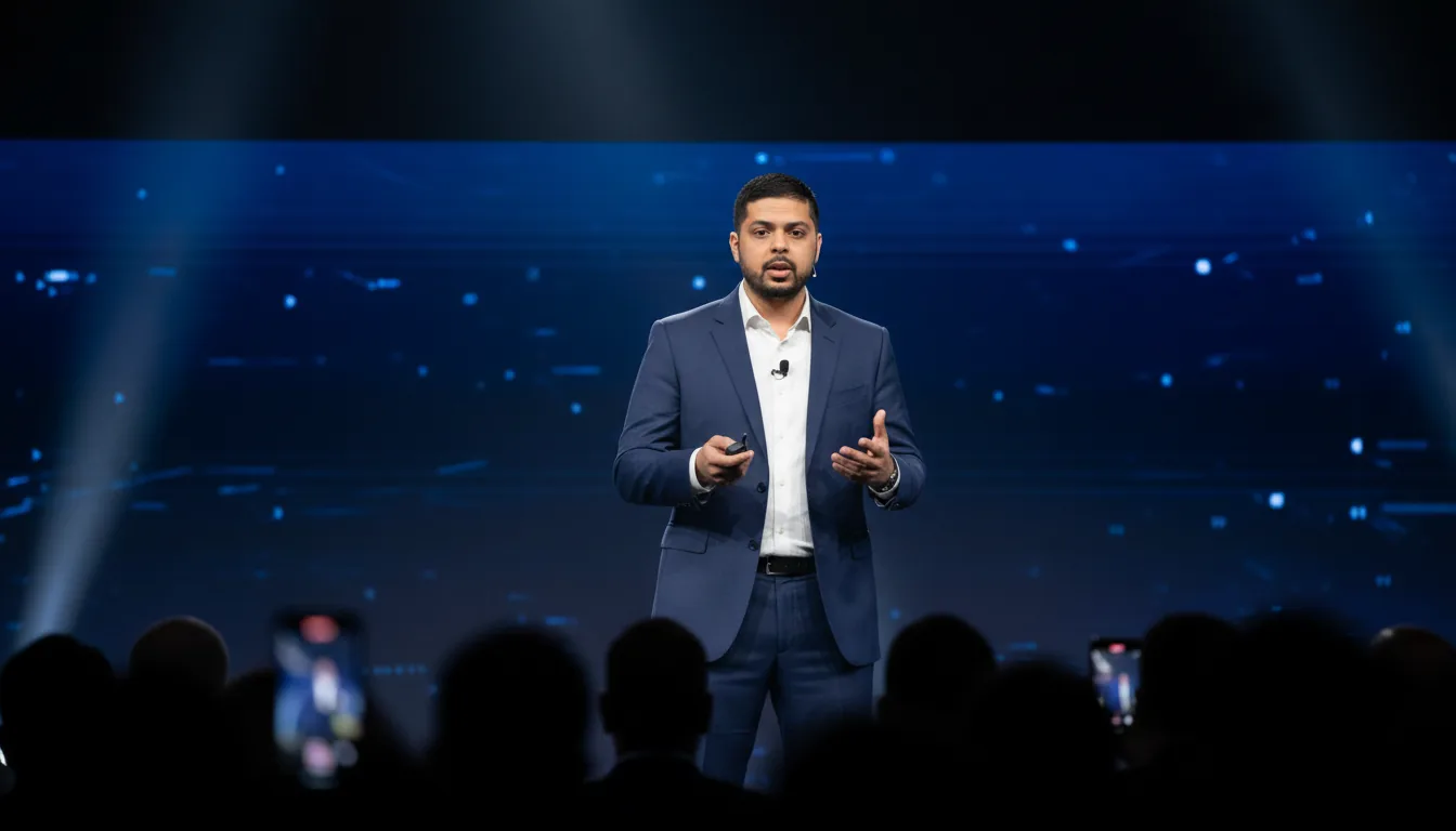 Mayur Kale presenting on stage at a technology event