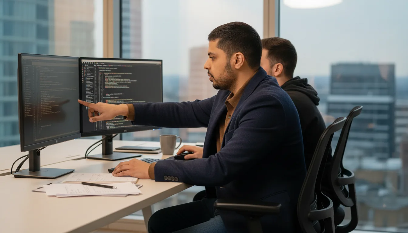 Mayur Kale reviewing code with an engineer
