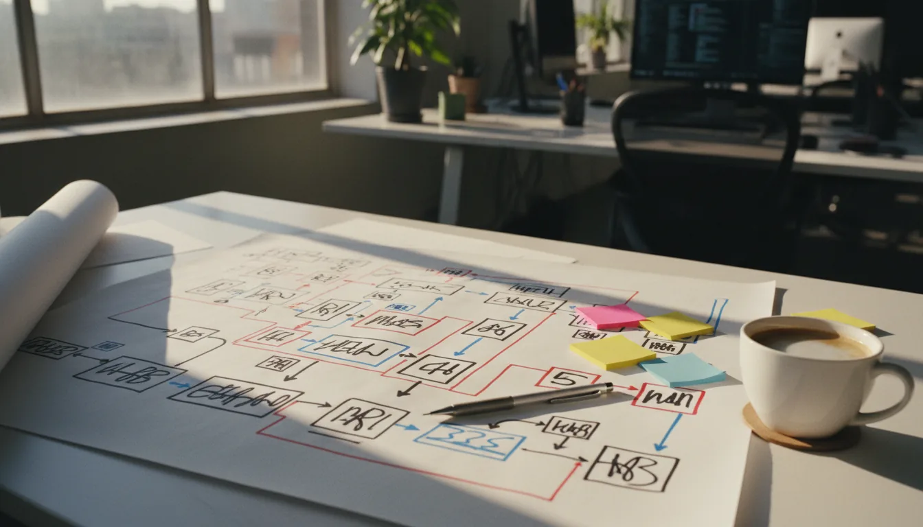 Printed system architecture diagrams on a desk