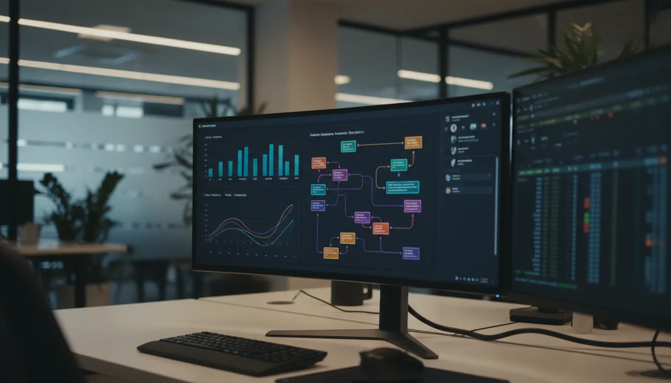 A data engineering workstation showing analytics dashboards and a pipeline diagram