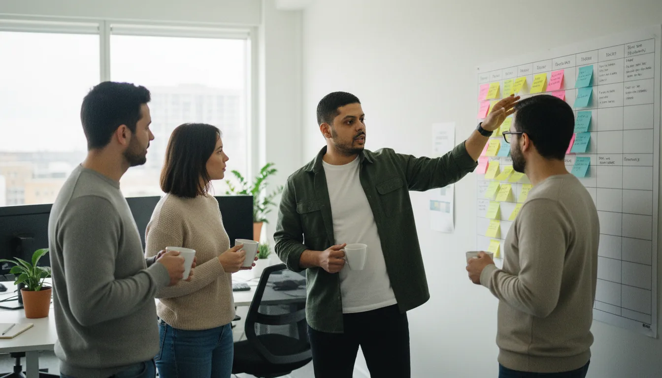 Mayur Kale running a standup session at a kanban board with the team