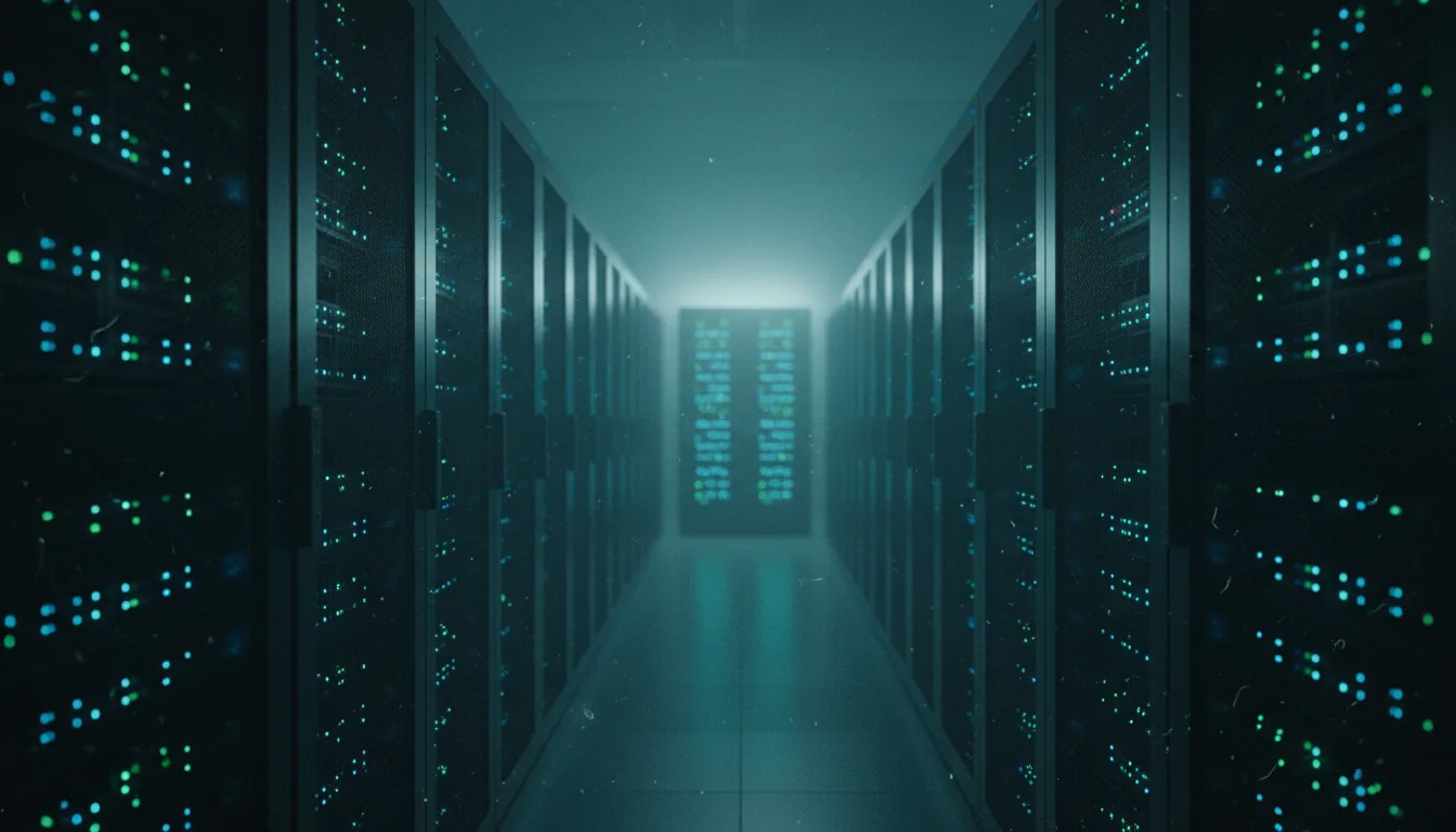 A data centre server aisle lit by status LEDs