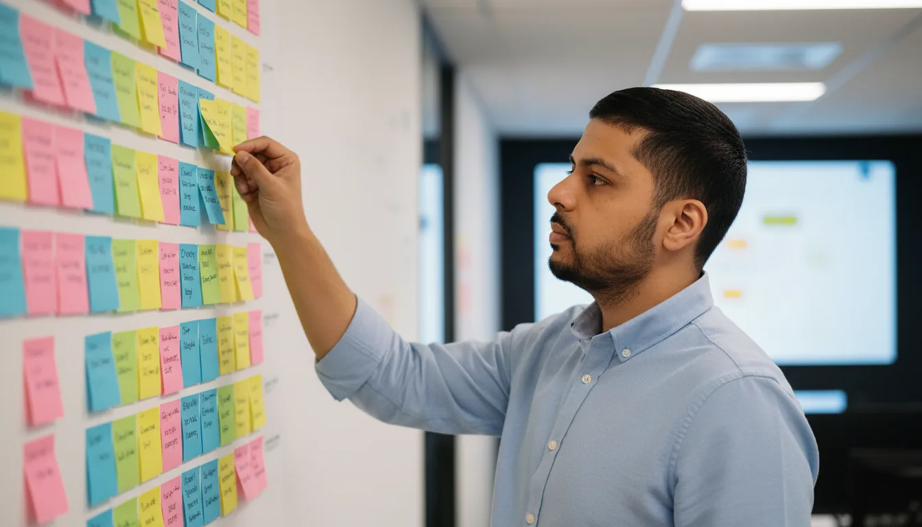 Mayur Kale organising a product roadmap wall of sticky notes