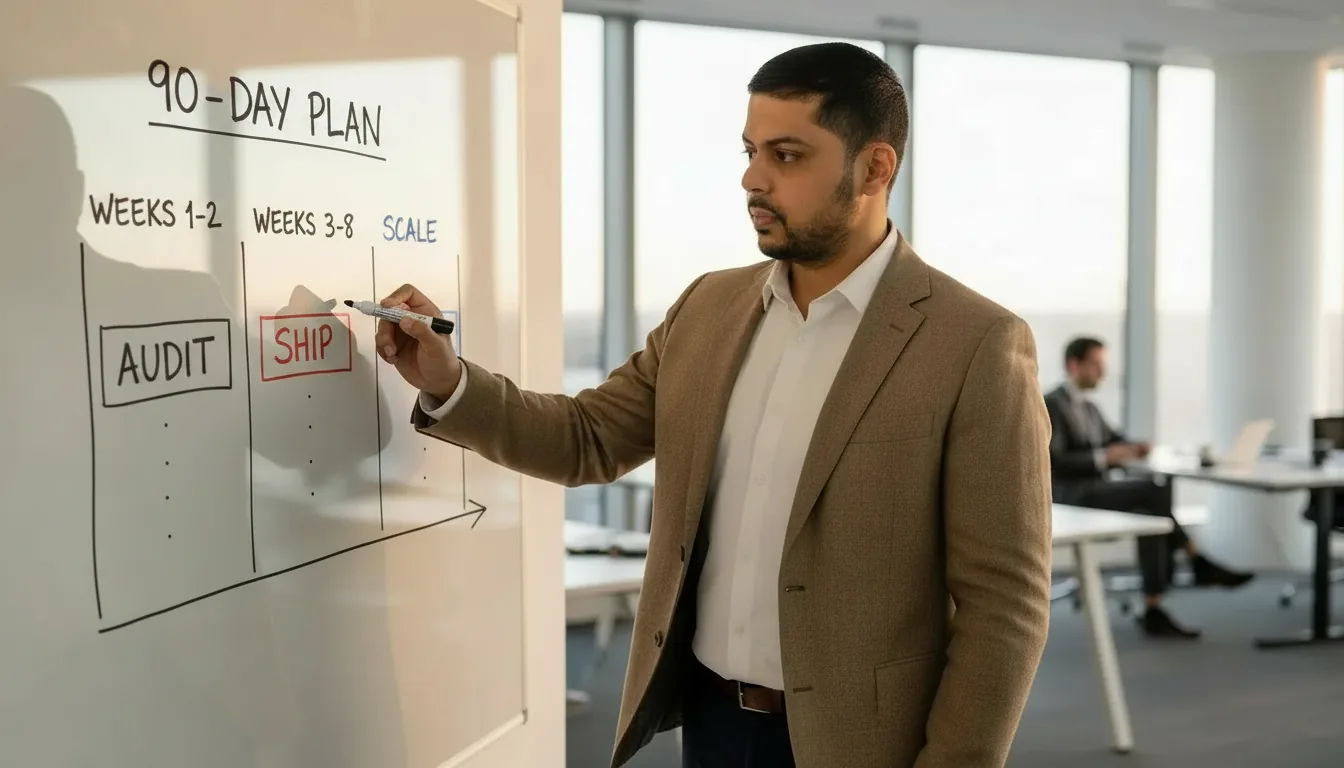 Mayur Kale sketching a 90-day engagement plan on a whiteboard